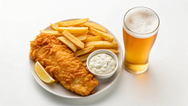 Delicious beer and fried fish and french fries on a plate as a lunch