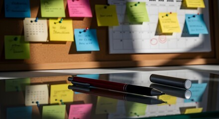 Red pen rests on a reflective glass table. Blurred cork board with colorful sticky notes and a calendar is in the background. Soft window light creates shadows.