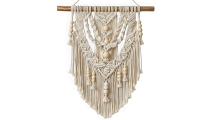 Bohemian macrame wall hanging with beads isolated on transparent background