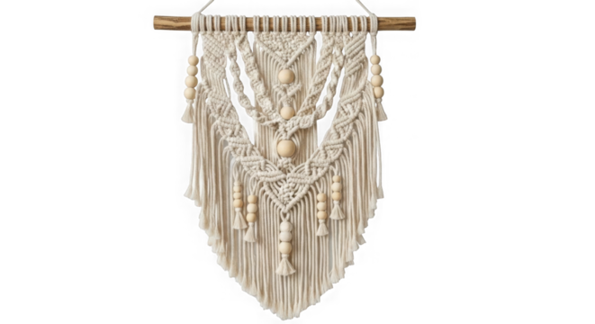 Bohemian macrame wall hanging with beads isolated on transparent background - Powered by Adobe