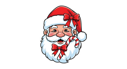 Santa Claus face with candy cane and red bow christmas