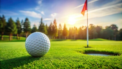 Obraz premium Close-up of a golf ball on lush green grass with a flag in the background on a golf course, landscape, scenery