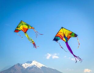 Two colorful kites soar high in a bright blue sky, with snow-capped mountain backdrop, playful and festive