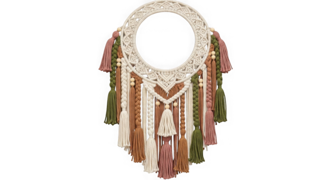 Oval macrame wall hanging with tassels isolated on transparent background