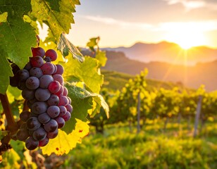 Sunset illuminates a cluster of purple grapes hanging on a vine, with rolling hills and a sunlit horizon in the background
