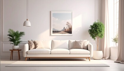 Fototapeta premium Modern Minimalist Living Room with Neutral Tones and Natural Light – Cozy Interior Design