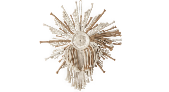 Ornate sunburst macrame wall hanging isolated on transparent background