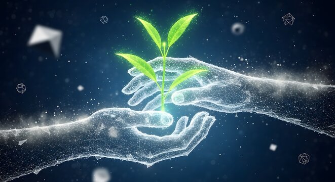 Sustainable technology and green environment concept. Digital cooperation and resource protection. Two wireframe hands holding a small glowing plant seedling in a protective gesture