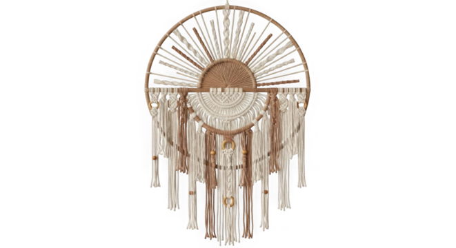 Bohemian macrame dreamcatcher with sunburst design isolated on transparent background