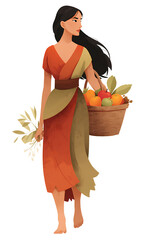 Stone Age Woman Carrying Fruit Basket, Ancient Female Gatherer, Prehistoric Primitive Life, Historical Illustration, Tribal Lifestyle, Paleolithic Era, Caucasian And Asian Descent