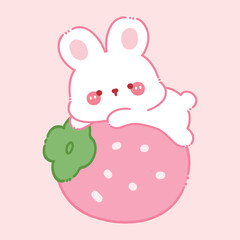 A cute little white rabbit holding a big strawberry