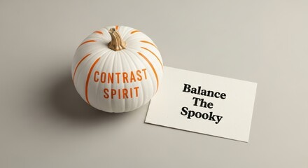 A white and orange pumpkin with the words Contrast Spirit next to a card that says Balance The Spooky
