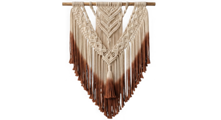 Bohemian macrame wall hanging with ombre fringe isolated on transparent background