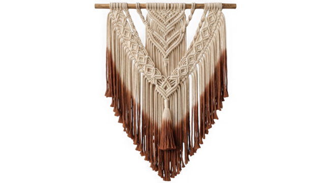Bohemian macrame wall hanging with ombre fringe isolated on transparent background