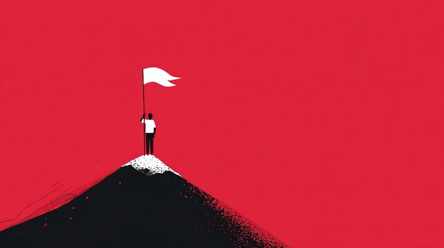 Minimalist illustration of a person on mountain top holding a white flag against a stark red background. 