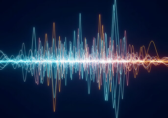 A surreal digital artwork where neon geometric shapes and rhythmic lines evoke the feeling of music and harmony. Vibrant turquoise, pink, and yellow patterns intertwine over a dark blue background, re