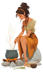 Primitive Woman Cooking, Stirring Pot Over Fire, Stone Age Daily Meal Prep, Hunter Gatherer Activity, Traditional Cooking Method, Earth Tone Illustration, Isolated Full Body Image