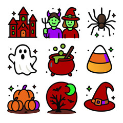 Halloween icons with haunted house and creatures, perfect for seasonal designs, invitations, posters, and social media graphics.