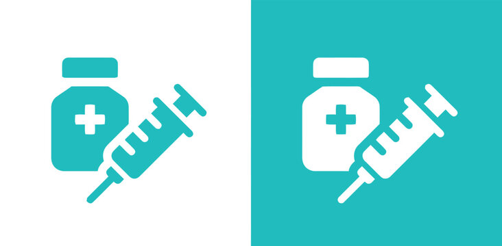 medical, syringe, vial, medicine, healthcare, injection, vaccination, drug, treatment, health, science, icon, symbol, graphic, design, white, teal, turquoise, clean, simple, flat, illustration, medica