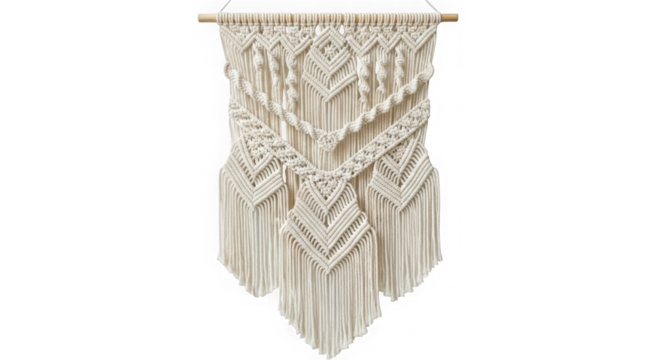 Bohemian macrame wall hanging with intricate knotting isolated on transparent background