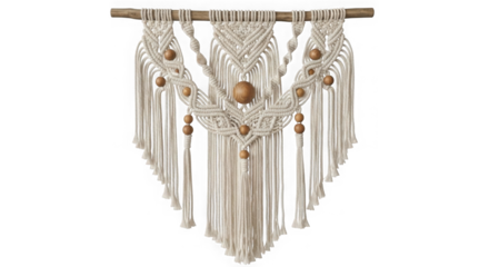 Bohemian macrame wall hanging with beads isolated on transparent background