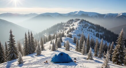 Blue tent on snow covered mountain during bright winter day