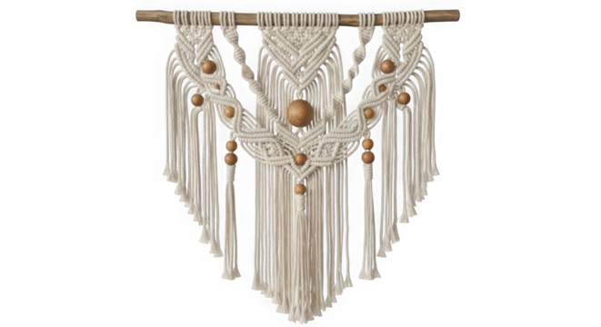 Bohemian macrame wall hanging with beads isolated on transparent background