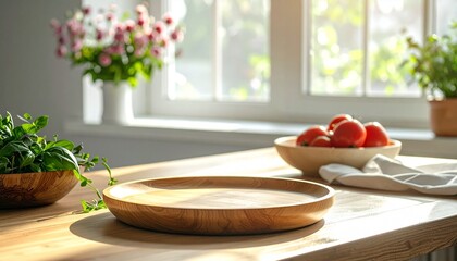 Title: Fresh Tomatoes and Greens on Wooden Table in Sunlit Kitchen  
Keywords: sunlit kitchen, wooden table, fresh tomatoes, leafy greens, serving tray, natural light, home comfort, healthy living, ru