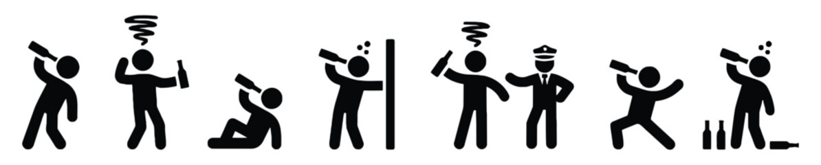 drunk, alcohol, intoxication, party, celebration, bar, pub, man, person, silhouette, stick figure, falling, sitting, leaning, police, officer, bottle, drinking, stumbling, disorderly, behavior, proble