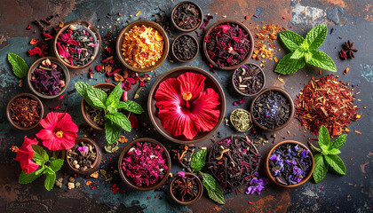 Flat lay of assorted herbal tea ingredients like hibiscus, rooibos, peppermint, and dried botanicals arranged in geometric harmony, symbolizing natural wellness, balance, and holistic healing