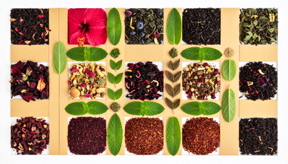Flat lay of assorted herbal tea ingredients like hibiscus, rooibos, peppermint, and dried botanicals arranged in geometric harmony, symbolizing natural wellness, balance, and holistic healing