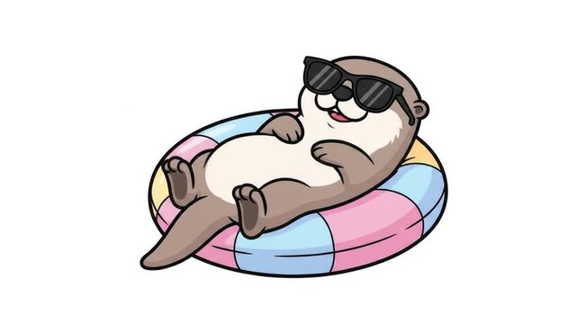 Cartoon otter relaxing in inflatable ring with sunglasses on white