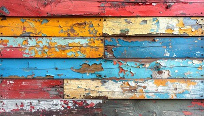 Title: Weathered Multicolor Wooden Planks with Peeling Paint  
Keywords: wooden planks, peeling paint, distressed texture, rustic wall, vintage surface, multicolor wood, staggered pattern, weathered p