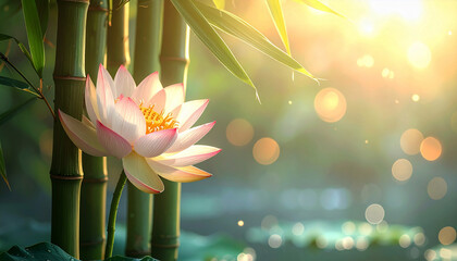 A delicate pink lotus flower blooming beside green bamboo under soft morning sunlight, symbolizing peace, balance, and spiritual awakening in a tranquil natural setting