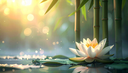 A delicate pink lotus flower blooming beside green bamboo under soft morning sunlight, symbolizing peace, balance, and spiritual awakening in a tranquil natural setting