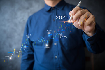 Business growth chart with year timeline to 2026, financial data analysis and investment strategy concept