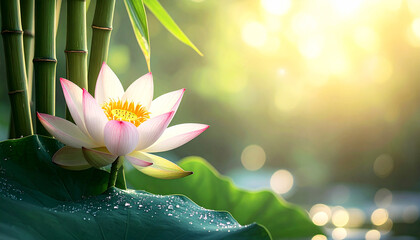 A delicate pink lotus flower blooming beside green bamboo under soft morning sunlight, symbolizing peace, balance, and spiritual awakening in a tranquil natural setting