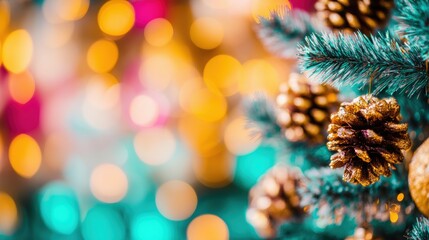 Obraz premium Festive pinecones and colorful lights decorate a Christmas tree