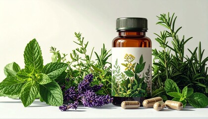 A brown glass bottle of herbal adaptogen capsules surrounded by fresh mint and medicinal herbs, featuring a botanical label design, symbolizing natural healing and holistic wellness