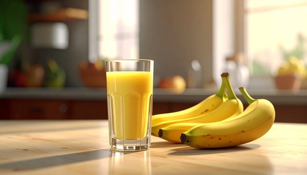 Glass of Orange Juice with Bananas on Table &ndash; Fresh Morning in Sunlit Kitchen | orange juice, ripe bananas, wooden table, kitchen setting, natural light, healthy breakfast, fruit drink, morning refres