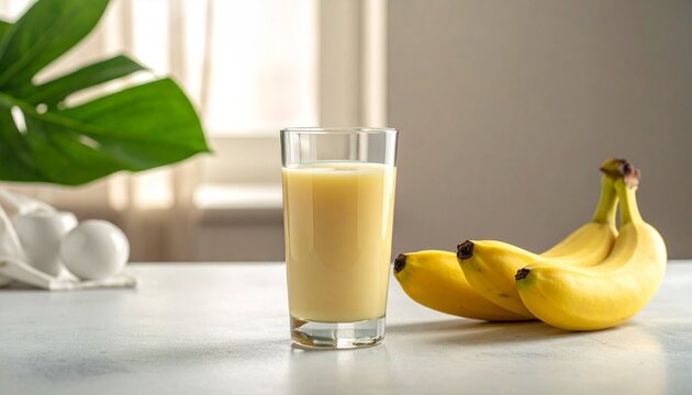 Glass of Orange Juice with Bananas on Table &ndash; Fresh Morning in Sunlit Kitchen | orange juice, ripe bananas, wooden table, kitchen setting, natural light, healthy breakfast, fruit drink, morning refres