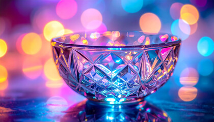 a crystal bowl glowing under vibrant, colorful lights. The glass reflects hues of pink, blue, and gold, creating an ethereal and meditative ambiance perfect for spiritual or wellness themes