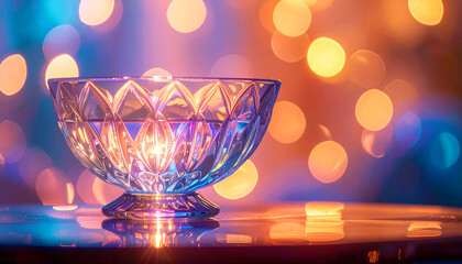 a crystal bowl glowing under vibrant, colorful lights. The glass reflects hues of pink, blue, and gold, creating an ethereal and meditative ambiance perfect for spiritual or wellness themes