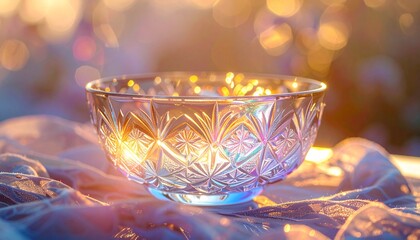 a crystal bowl glowing under vibrant, colorful lights. The glass reflects hues of pink, blue, and gold, creating an ethereal and meditative ambiance perfect for spiritual or wellness themes