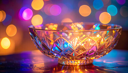 a crystal bowl glowing under vibrant, colorful lights. The glass reflects hues of pink, blue, and gold, creating an ethereal and meditative ambiance perfect for spiritual or wellness themes