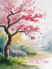 Watercolor cherry blossom tree painting, watercolor chery blossom tree landscape art, watercolor cherry blossom tree wall decor illustration for spring garden scenery.