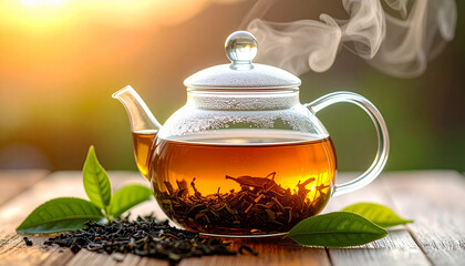 Clear glass teapot filled with golden herbal tea, steaming gently on rustic wooden table with dried herbs scattered around. Cozy and calming scene for wellness, tea, and natural lifestyle themes