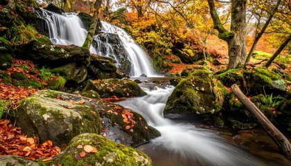 Cascade flowing through a forest during autumn with trees in vibrant colors