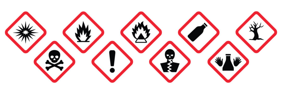 Danger Warning Symbols Collection &ndash; GHS Hazard Red White Diamond Icons &ndash; Transparent Background Vector Set for Chemical Safety, Alerts, and Industrial Hazard Communication