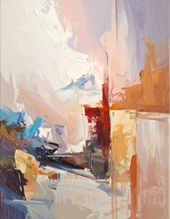 Abstract expressionist painting. Vertical view of a modern canvas with various brushstrokes creating a colorful, dreamy composition